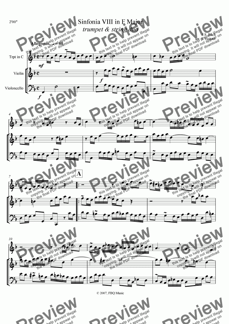 page one of Bach Sinfonia VIII, F major (trumpet & string duo)