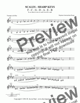 page one of Scale Sheet - Sharp Keys - Beginner/Int. Range (Trumpet)
