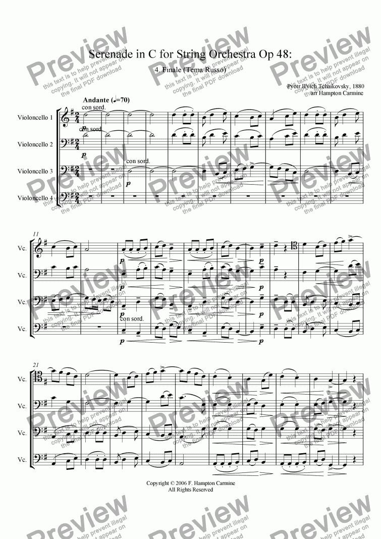 page one of Serenade in C for String Orchestra,  Finale (Tema Russo), Op 48, Tchaikovsky