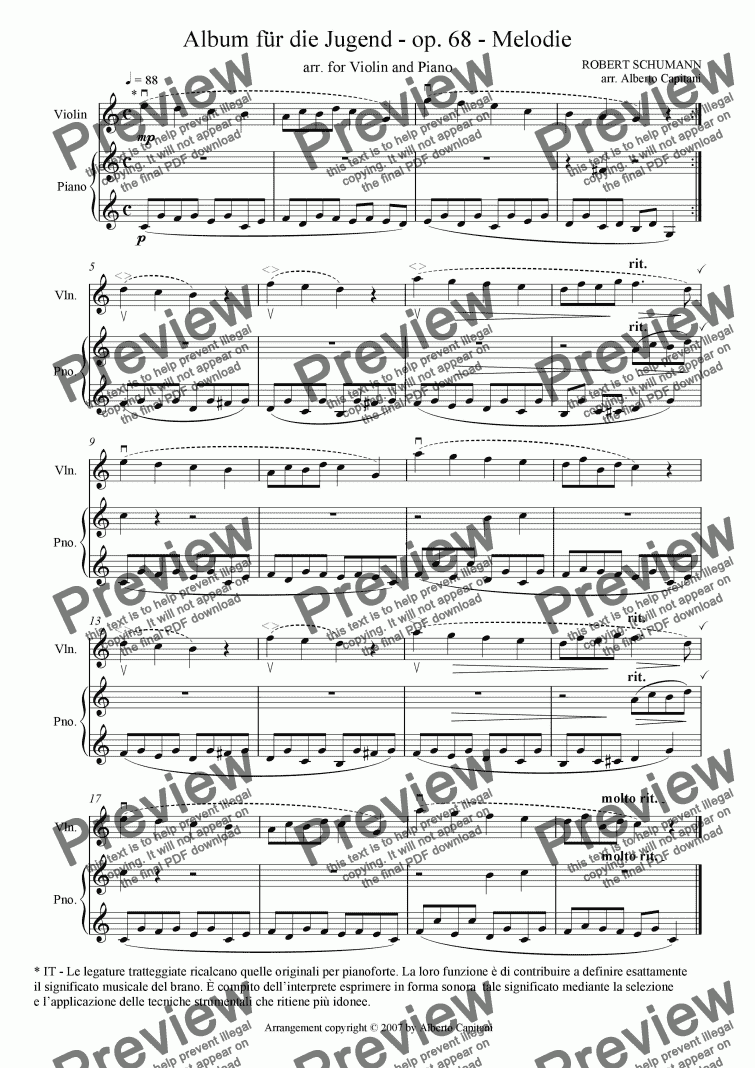 page one of Album für die Jugend - op. 68 - Melodie - arr. for Violin and Piano