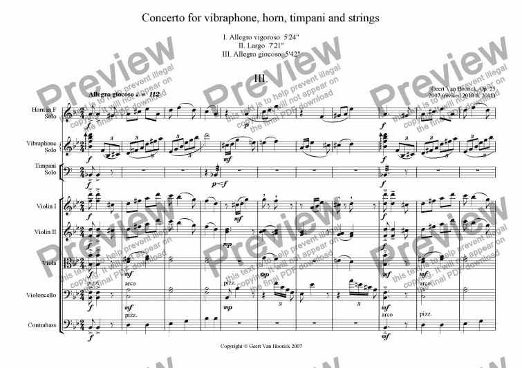 page one of Concerto for vibraphone, horn, timpani and strings - III Allegro giocoso