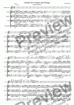 page one of Quintet for Clarinet and Strings; Song and Dance, Vivace
