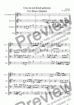 page one of Cantata No. 142 Uns ist ein Kind Geboren for Brass Quintet