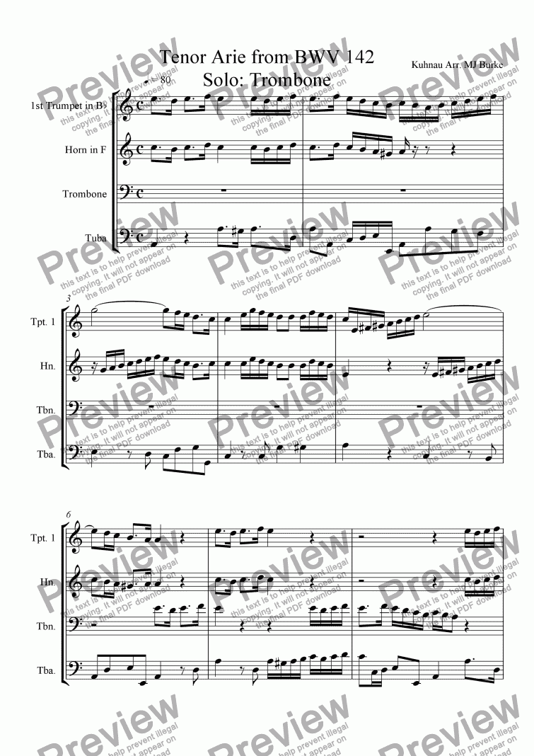 page one of Tenor Aria for BWV 142 for Brass Quartet