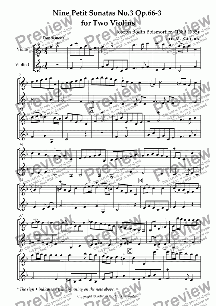 page one of Nine Petit Sonatas No.3 Op.66-3 for Two Violins