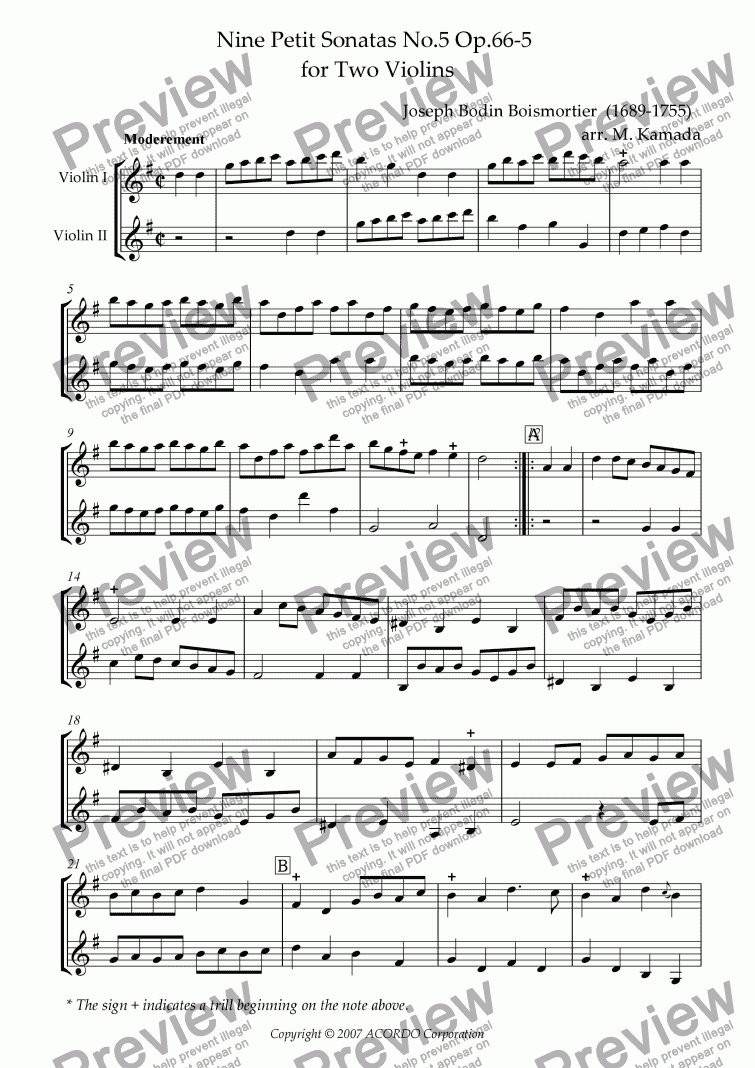 page one of Nine Petit Sonatas No.5 Op.66-5 for Two Violins