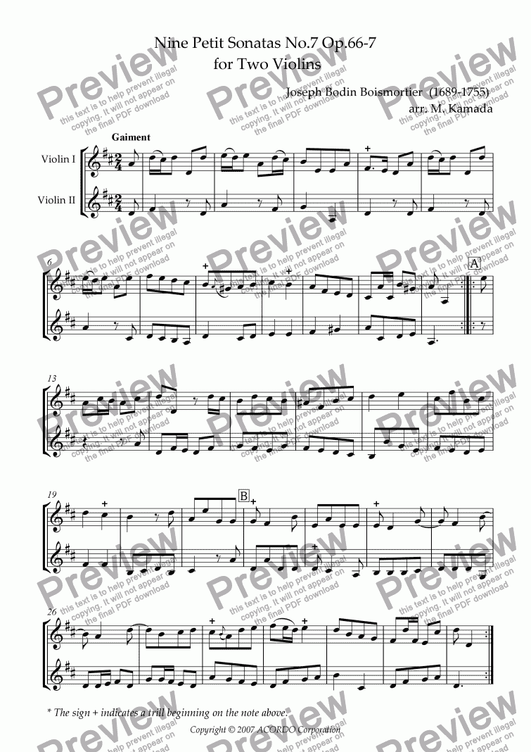 page one of Nine Petit Sonatas No.7 Op.66-7 for Two Violins
