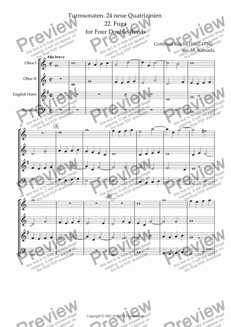 page one of Turmsonaten. 24 neue Quatrizinien 22. Fuga for Double-Reeds