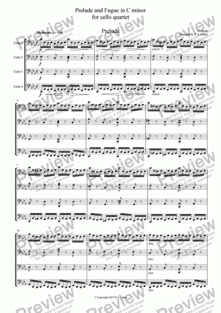 page one of Bach - PRELUDE AND FUGUE in C minor - for cello quartet