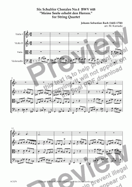 page one of Six Schubler Chorales No.4 BWV648 "Meine Seele erhebt den Herren." for String Quartet