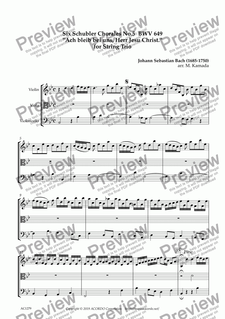 page one of Six Schubler Chorales No.5 BWV649 "Ach bleib bei uns, Herr Jesu Christ." for String Trio