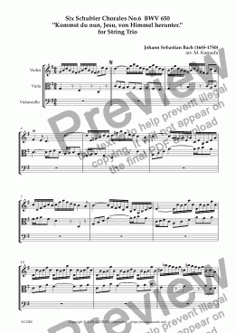 page one of Six Schubler Chorales No.6 BWV650 "Kommst du nun, Jesu, von Himmel herunter." for String Trio