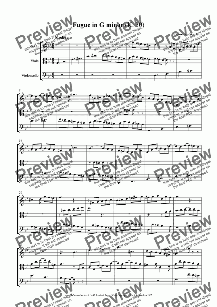 page one of Scarlatti: Fuga K30 in G minor arranged for string trio