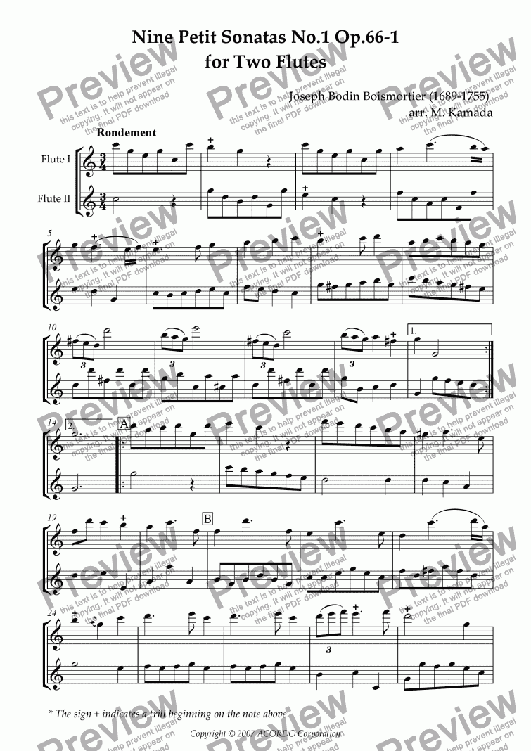 page one of Nine Petit Sonatas No.1 Op.66-1 for Two Flutes