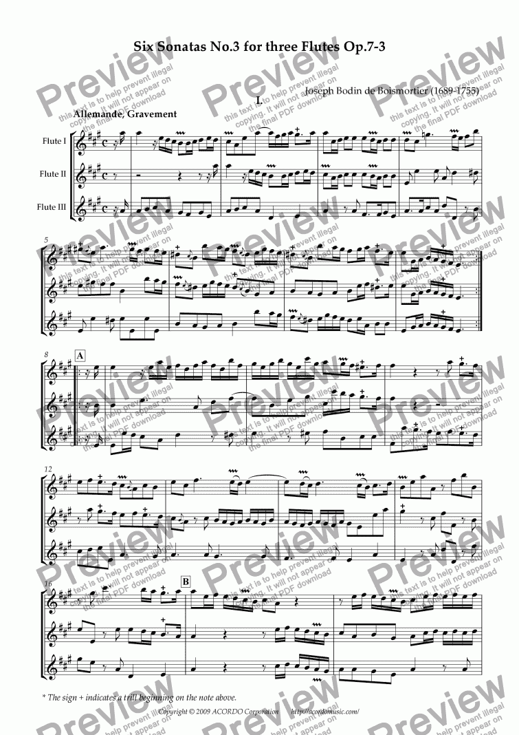 page one of Six Sonatas No.3 for Three Flutes Op.7-3