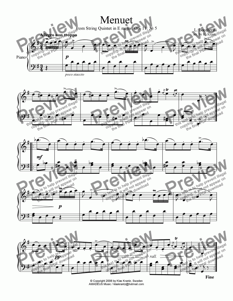 page one of Menuet (Minuet) for easy piano solo