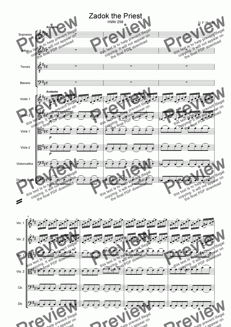 page one of Handel Zadok the Priest for Chorus and String Orchestra