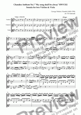 page one of Chandos Anthem No.7 "My song shall be alway" HWV252 Sonata for two Violins & Viola
