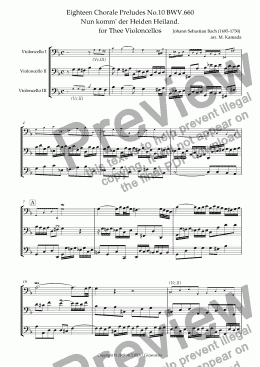page one of Eighteen Chorale Preludes No.10 BWV.660 Nun komm’ der Heiden Heiland. for Thee Violoncellos