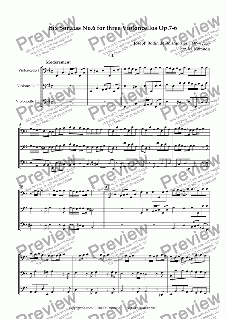 page one of Six Sonatas No.6 for Three Violoncellos Op.7-6