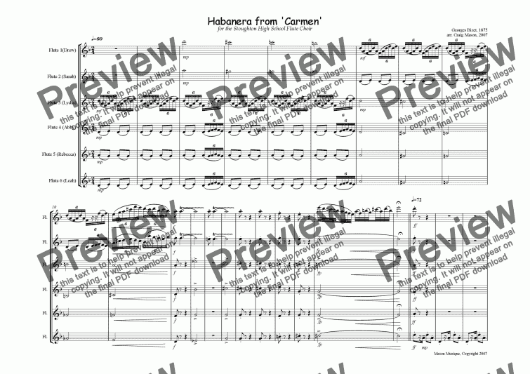page one of Habanera from Carmen (flute sextet)