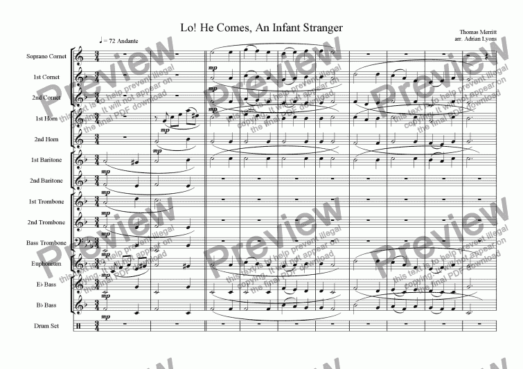 page one of Lo He Comes An Infant Stranger ( a Cornish carol for brass band)