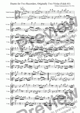 page one of  Duetto for Two Recorders, Originally Two Violas (Falck 61)