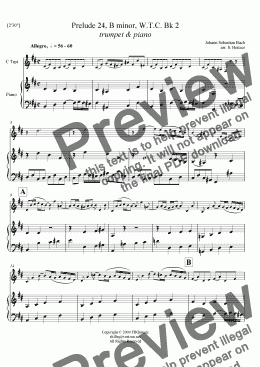 page one of Prelude 24, B minor (WTC Bk 2) - TRUMPET & piano
