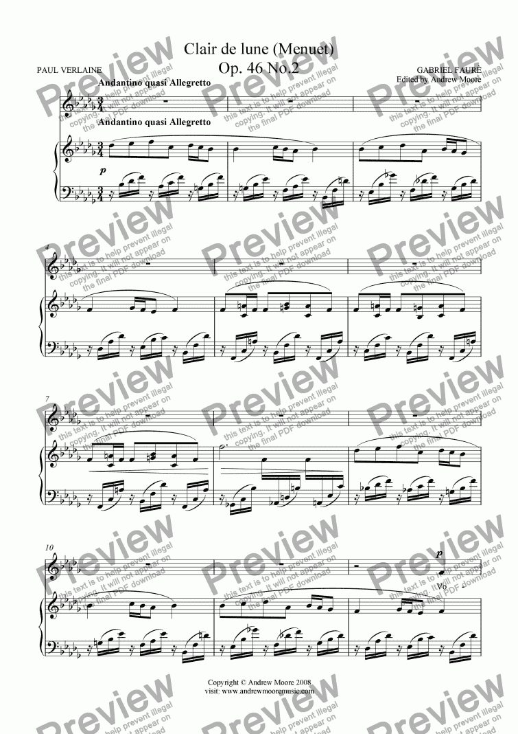 page one of ’Clair de Lune’ for voice and piano Op.46 No.2