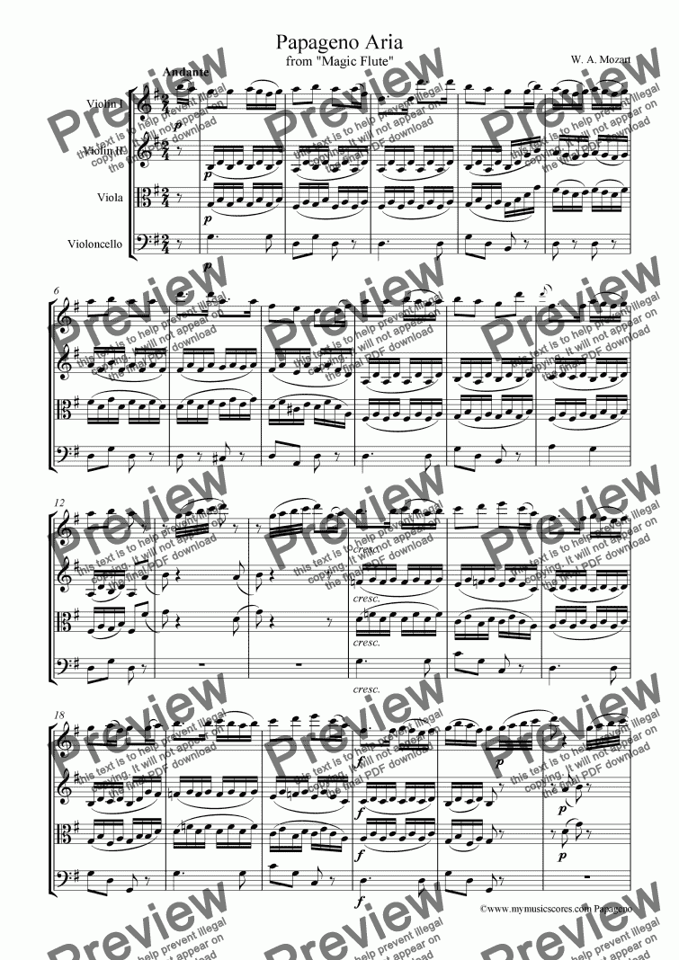 page one of Mozart Papageno Aria for String Quartet