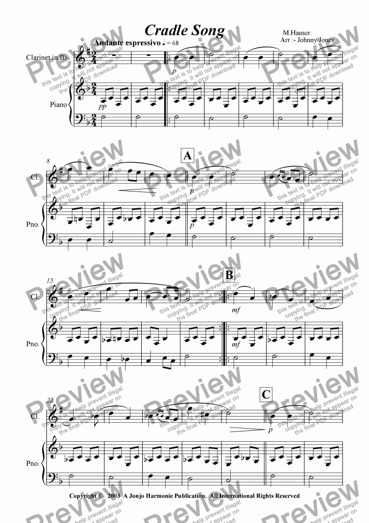 page one of Cradle Song   (Bb Clarinet and Piano)