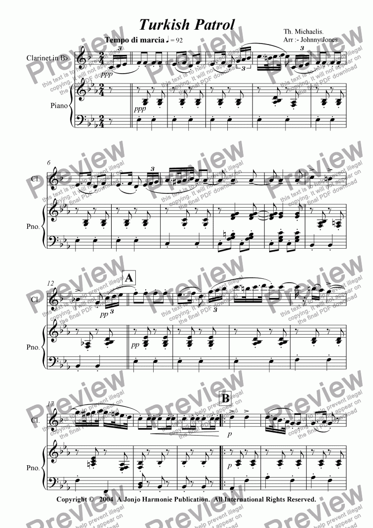 page one of Turkish Patrol   (Clarinet and Piano)