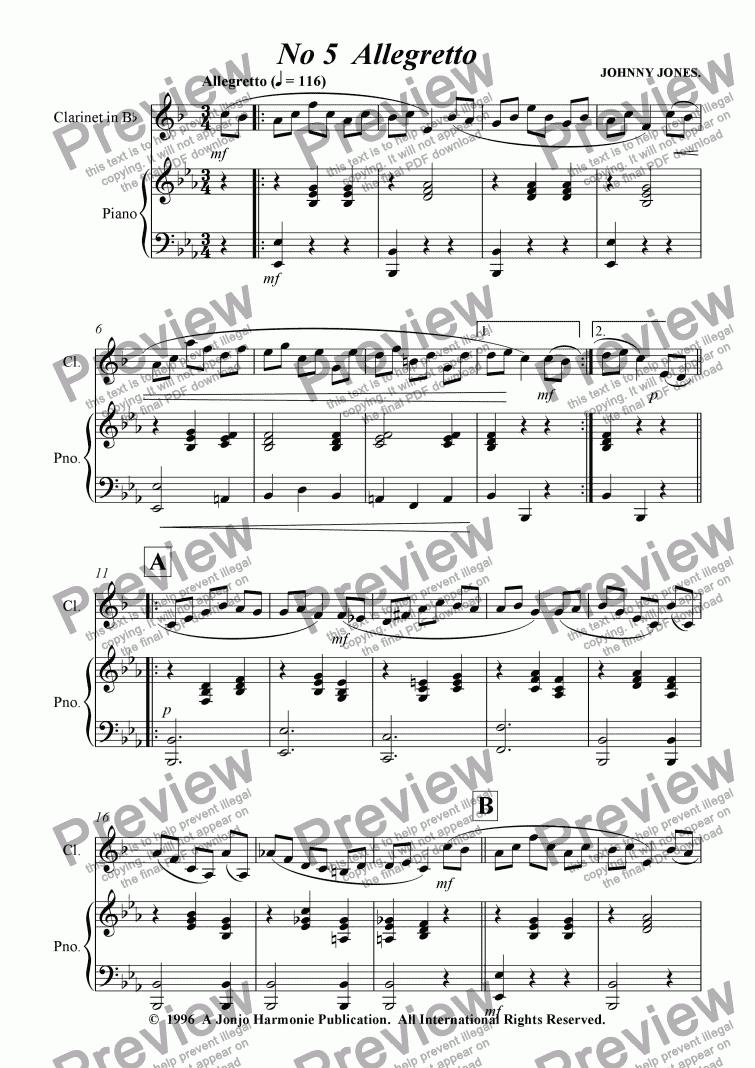 page one of Petite Suite for Clarinet   No 5  Allegretto