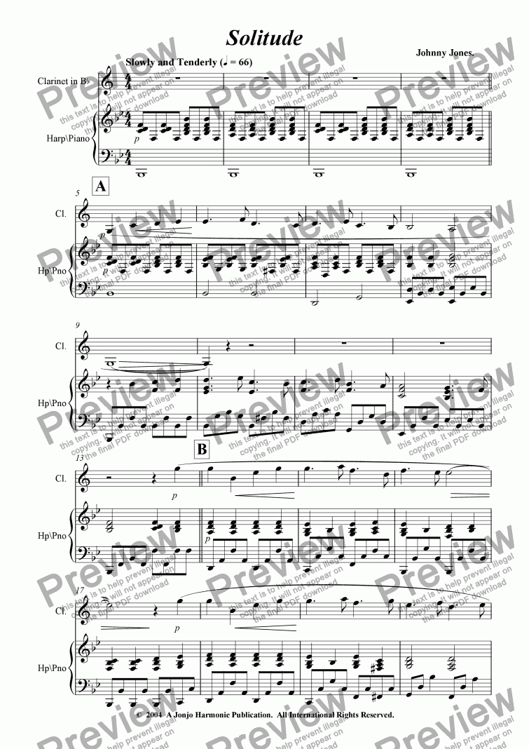 page one of Solitude   (Bb Clarinet and Piano)