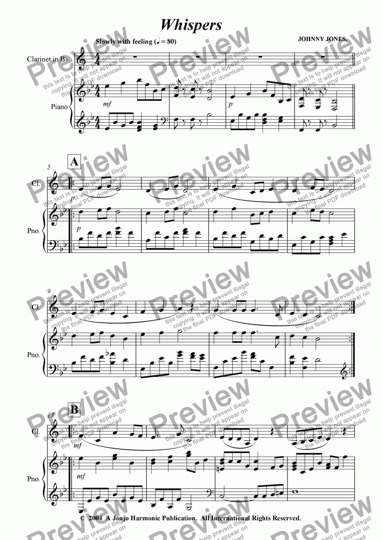 page one of Whispers   (Clarinet and Piano)