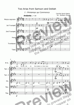 page one of Two Arias from Samson & Delilah for Soprano and Brass Quintet