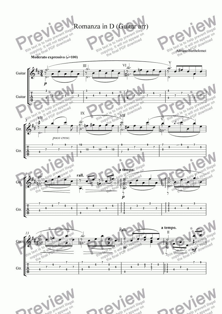 page one of Romanza in D guitar+tab arr.