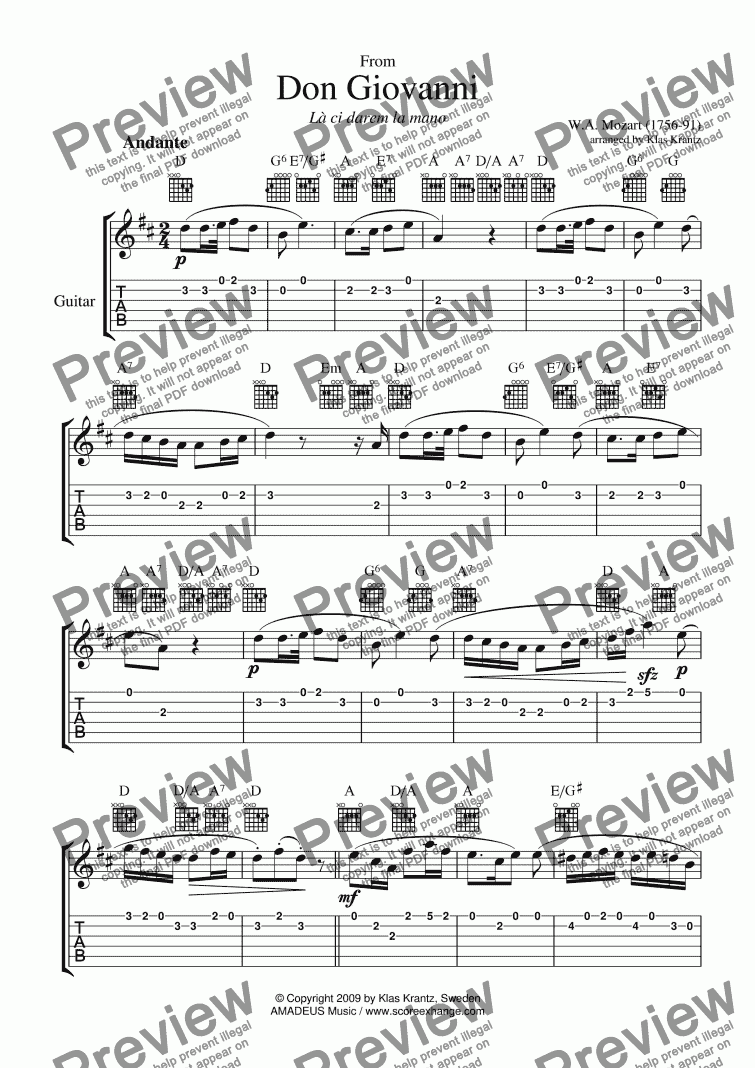 page one of Là ci darem la mano from Don Giovanni - melody (+guitar chords & TAB)
