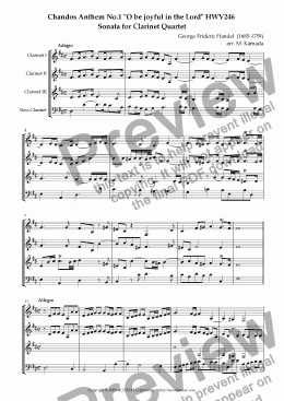 page one of Chandos Anthem No.1 "O be joyful in the Lord" HWV246 Sonata for Clarinet Quartet