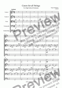 page one of Canon In D; for All Strings by J. Pachel Bell