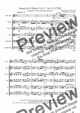 page one of Sonata in G minor, Vol. I, No. 11, arr. for viola and string orchestra