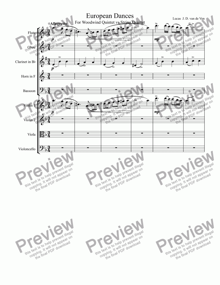 page one of European Dances  (Danses Europ�enne) for Woodwinds and Strings