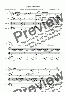 page one of Grieg: Allegro scherzando (Op.3, no 6) for Flute Choir (2fl, afl, bfl)