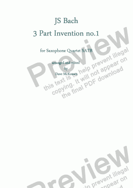 page one of Bach 3 Part Invention no.1 for Saxophone Quartet SATB