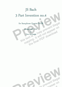 page one of Bach 3 Part Invention no.4 for Saxophone Quartet SATB