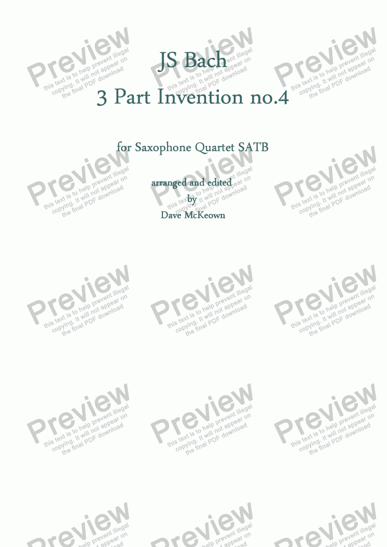 page one of Bach 3 Part Invention no.4 for Saxophone Quartet SATB