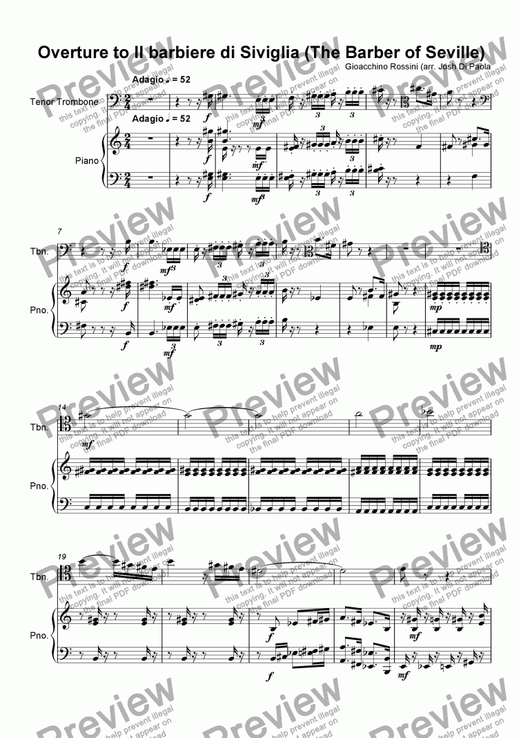 page one of Overture to Il barbiere di Siviglia (The Barber of Seville) for trombone and piano