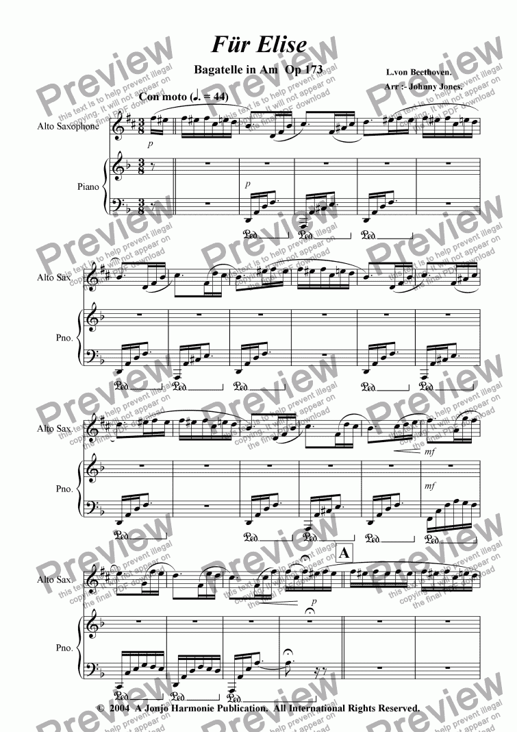 page one of Fur Elise  (from Bagatelle in Am Op. 173. (Alto Sax and Piano)