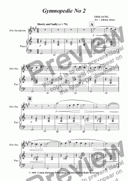 page one of Gymnopedie No 2.   (Alto Saxophone and Piano)