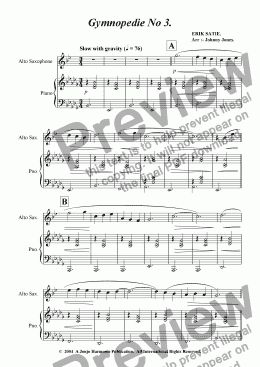 page one of Gymnopedie No 3.   (Alto Saxophone and Piano)